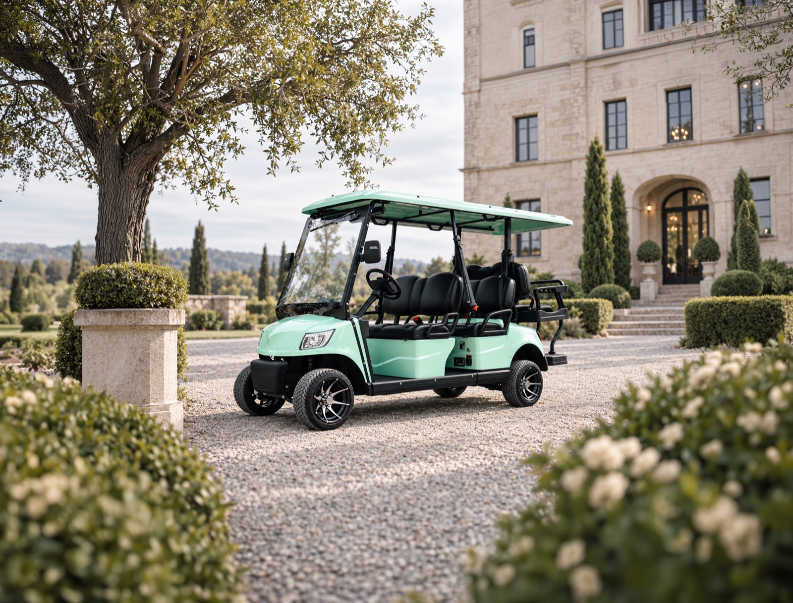 Menta színű elektromos golfautó egy kastély kavicsos udvarán